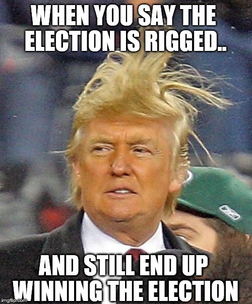 Donald Trumph hair | WHEN YOU SAY THE ELECTION IS RIGGED.. AND STILL END UP WINNING THE ELECTION | image tagged in donald trumph hair | made w/ Imgflip meme maker