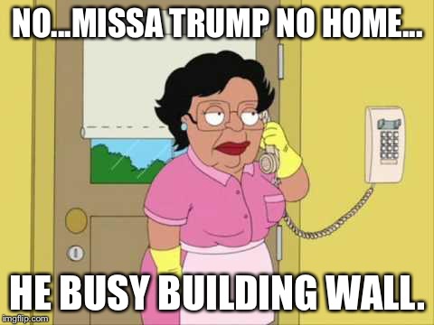 Consuela Meme | NO...MISSA TRUMP NO HOME... HE BUSY BUILDING WALL. | image tagged in memes,consuela | made w/ Imgflip meme maker