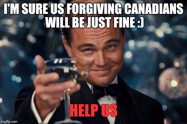 Leonardo Dicaprio Cheers Meme | I'M SURE US FORGIVING CANADIANS WILL BE JUST FINE :) HELP US | image tagged in memes,leonardo dicaprio cheers | made w/ Imgflip meme maker