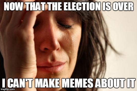 First World Problems | NOW THAT THE ELECTION IS OVER; I CAN'T MAKE MEMES ABOUT IT | image tagged in memes,first world problems | made w/ Imgflip meme maker