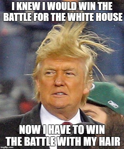 And the battle rages on... | I KNEW I WOULD WIN THE BATTLE FOR THE WHITE HOUSE; NOW I HAVE TO WIN THE BATTLE WITH MY HAIR | image tagged in donald trumph hair,donald trump hair,president,trump 2016,trump hair | made w/ Imgflip meme maker