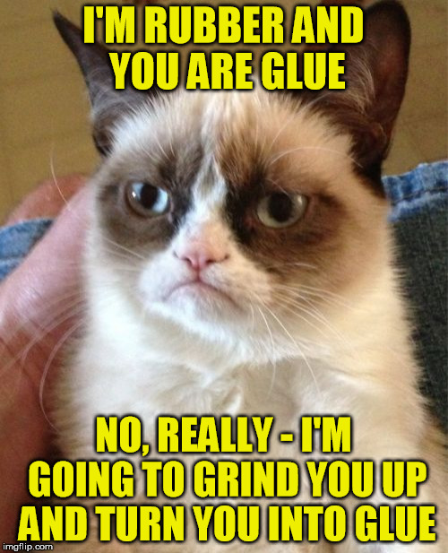 Grumpy Cat Meme | I'M RUBBER AND YOU ARE GLUE NO, REALLY - I'M GOING TO GRIND YOU UP AND TURN YOU INTO GLUE | image tagged in memes,grumpy cat | made w/ Imgflip meme maker