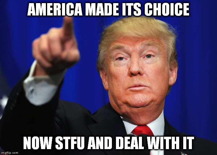 AMERICA MADE ITS CHOICE; NOW STFU AND DEAL WITH IT | image tagged in donald trump,trump | made w/ Imgflip meme maker