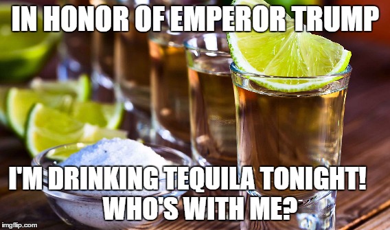 IN HONOR OF EMPEROR TRUMP; I'M DRINKING TEQUILA TONIGHT!


 
WHO'S WITH ME? | image tagged in donald trump,tequila,america | made w/ Imgflip meme maker