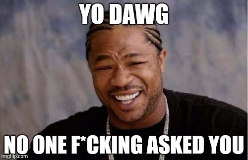 Yo Dawg Heard You Meme | YO DAWG; NO ONE F*CKING ASKED YOU | image tagged in memes,yo dawg heard you | made w/ Imgflip meme maker
