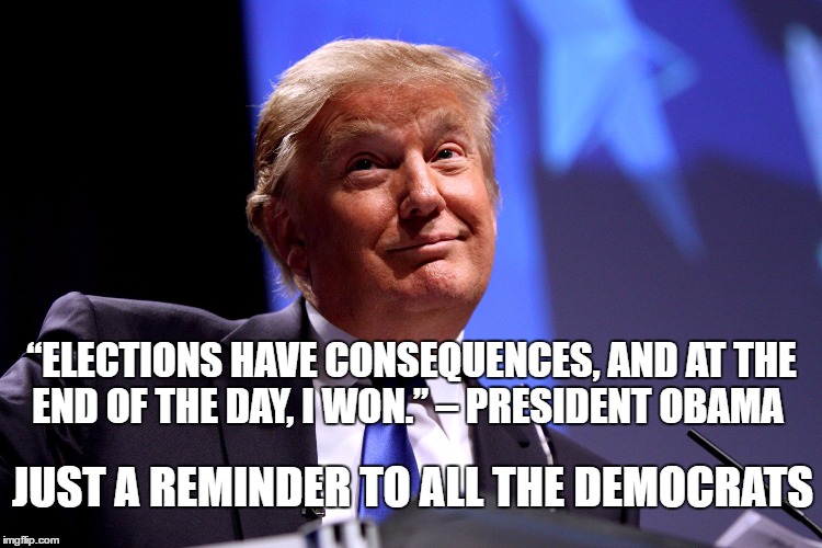 Just a reminder | “ELECTIONS HAVE CONSEQUENCES, AND AT THE END OF THE DAY, I WON.” – PRESIDENT OBAMA; JUST A REMINDER TO ALL THE DEMOCRATS | image tagged in donald trump obama | made w/ Imgflip meme maker