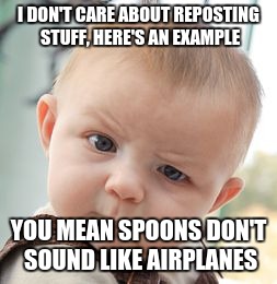 Skeptical Baby Meme | I DON'T CARE ABOUT REPOSTING STUFF, HERE'S AN EXAMPLE; YOU MEAN SPOONS DON'T SOUND LIKE AIRPLANES | image tagged in memes,skeptical baby | made w/ Imgflip meme maker