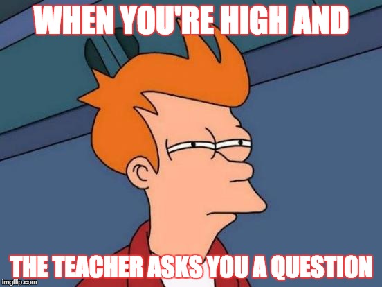 Futurama Fry Meme | WHEN YOU'RE HIGH AND; THE TEACHER ASKS YOU A QUESTION | image tagged in memes,futurama fry | made w/ Imgflip meme maker