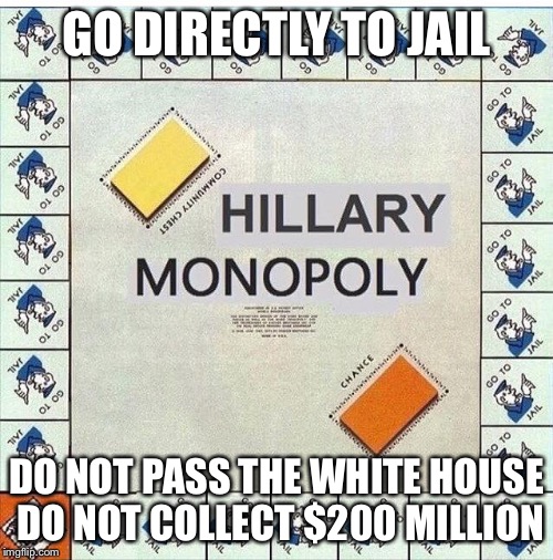Hillary Monopoly | GO DIRECTLY TO JAIL; DO NOT PASS THE WHITE HOUSE DO NOT COLLECT $200 MILLION | image tagged in hillary monopoly,election 2016,hillary clinton,jail | made w/ Imgflip meme maker