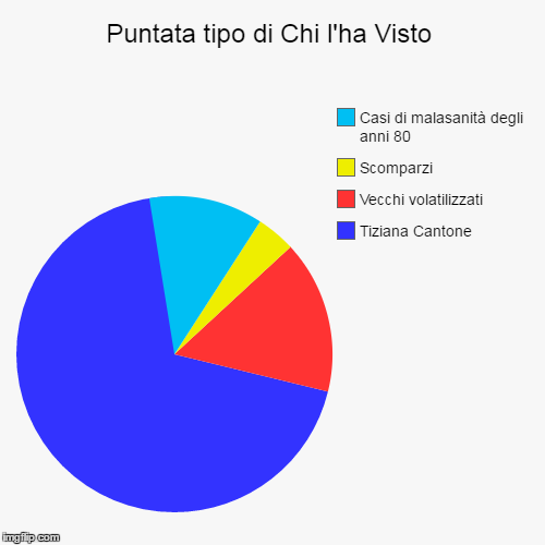 Puntata tipo di Chi l'ha Visto | Tiziana Cantone, Vecchi volatilizzati, Scomparzi, Casi di malasanità degli anni 80 | image tagged in funny,pie charts | made w/ Imgflip chart maker