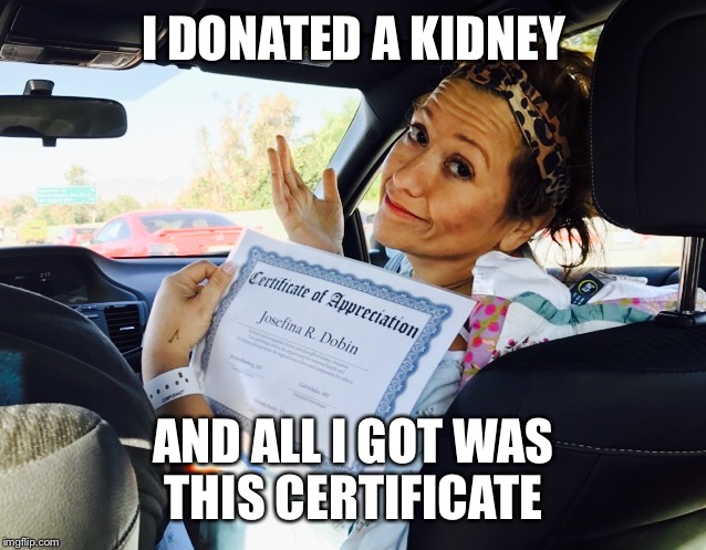 I DONATED A KIDNEY; AND ALL I GOT WAS THIS CERTIFICATE | image tagged in kidneying around | made w/ Imgflip meme maker