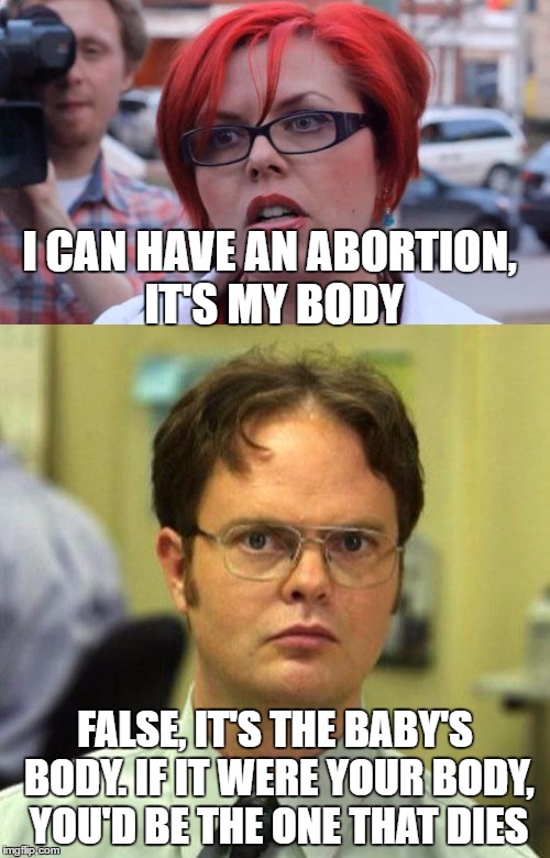 Logic | I CAN HAVE AN ABORTION, IT'S MY BODY; FALSE, IT'S THE BABY'S BODY. IF IT WERE YOUR BODY, YOU'D BE THE ONE THAT DIES | image tagged in big red feminist,dwight false,abortion | made w/ Imgflip meme maker