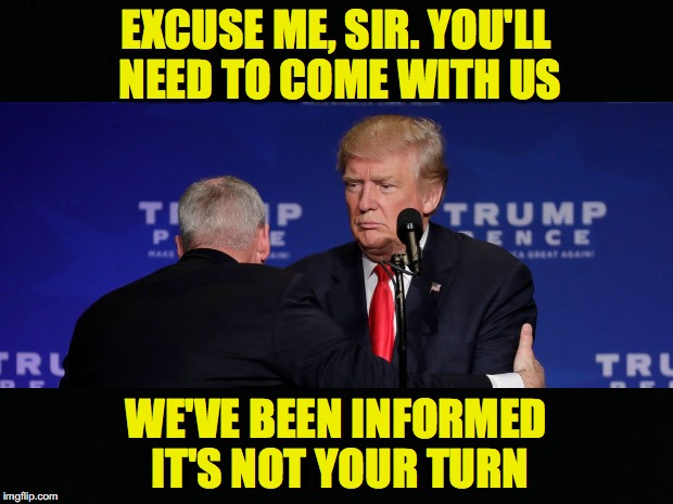 Hillary's Last Hope | EXCUSE ME, SIR. YOU'LL NEED TO COME WITH US; WE'VE BEEN INFORMED IT'S NOT YOUR TURN | image tagged in donald trump | made w/ Imgflip meme maker