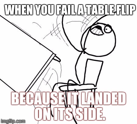 Table Flip Guy | WHEN YOU FAIL A TABLE FLIP; BECAUSE IT LANDED ON ITS SIDE. | image tagged in memes,table flip guy | made w/ Imgflip meme maker
