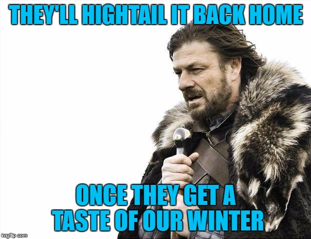 Brace Yourselves X is Coming Meme | THEY'LL HIGHTAIL IT BACK HOME ONCE THEY GET A TASTE OF OUR WINTER | image tagged in memes,brace yourselves x is coming | made w/ Imgflip meme maker