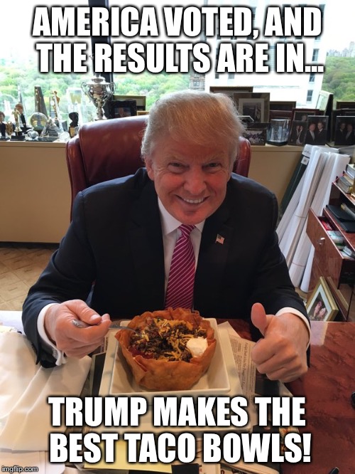  AMERICA VOTED, AND THE RESULTS ARE IN... TRUMP MAKES THE BEST TACO BOWLS! | image tagged in trump taco bowl | made w/ Imgflip meme maker