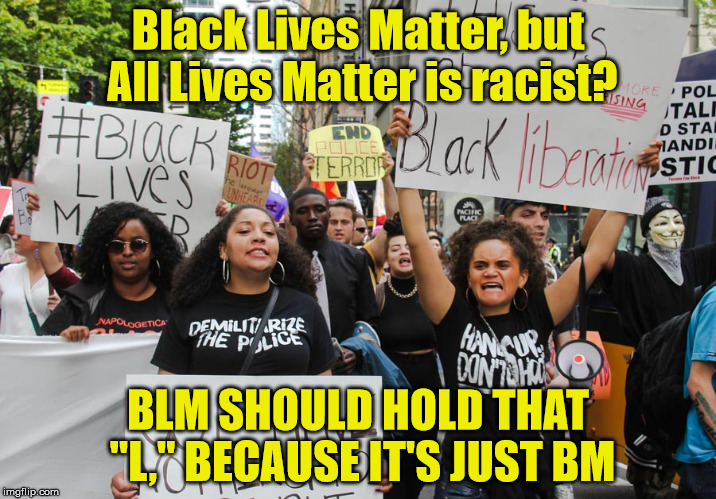 BLM - My Thoughts | Black Lives Matter, but All Lives Matter is racist? BLM SHOULD HOLD THAT "L," BECAUSE IT'S JUST BM | image tagged in blm protest,memes,blm,first world problems | made w/ Imgflip meme maker