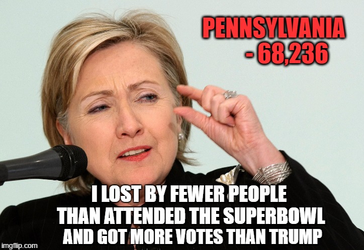 Hillary | PENNSYLVANIA 
    - 68,236; I LOST BY FEWER PEOPLE THAN ATTENDED THE SUPERBOWL; AND GOT MORE VOTES THAN TRUMP | image tagged in hillary clinton | made w/ Imgflip meme maker