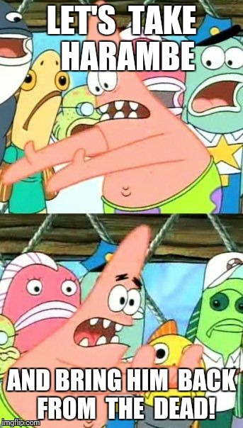 Put It Somewhere Else Patrick Meme | LET'S  TAKE  HARAMBE; AND BRING HIM  BACK  FROM  THE  DEAD! | image tagged in memes,put it somewhere else patrick | made w/ Imgflip meme maker