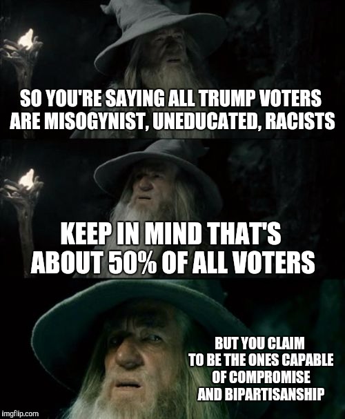 So much HATE on my facebook feed and no attempt at comprehending the others positions | SO YOU'RE SAYING ALL TRUMP VOTERS ARE MISOGYNIST, UNEDUCATED, RACISTS; KEEP IN MIND THAT'S ABOUT 50% OF ALL VOTERS; BUT YOU CLAIM TO BE THE ONES CAPABLE OF COMPROMISE AND BIPARTISANSHIP | image tagged in memes,confused gandalf | made w/ Imgflip meme maker