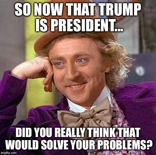 Creepy Condescending Wonka Meme | SO NOW THAT TRUMP IS PRESIDENT... DID YOU REALLY THINK THAT WOULD SOLVE YOUR PROBLEMS? | image tagged in memes,creepy condescending wonka | made w/ Imgflip meme maker