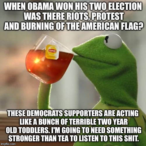 But That's None Of My Business | WHEN OBAMA WON HIS TWO ELECTION WAS THERE RIOTS, PROTEST AND BURNING OF THE AMERICAN FLAG? THESE DEMOCRATS SUPPORTERS ARE ACTING LIKE A BUNCH OF TERRIBLE TWO YEAR OLD TODDLERS. I'M GOING TO NEED SOMETHING STRONGER THAN TEA TO LISTEN TO THIS SHIT. | image tagged in memes,but thats none of my business,kermit the frog | made w/ Imgflip meme maker