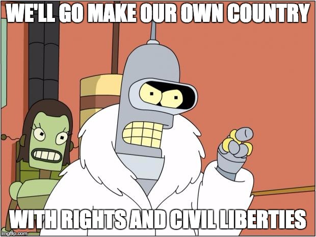Bender Meme | WE'LL GO MAKE OUR OWN COUNTRY; WITH RIGHTS AND CIVIL LIBERTIES | image tagged in memes,bender | made w/ Imgflip meme maker