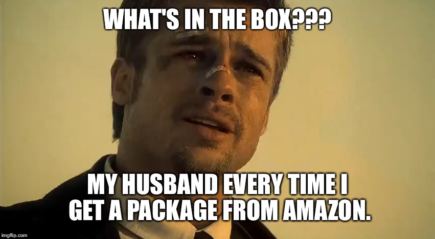 BRAD PITT SE7EN | WHAT'S IN THE BOX??? MY HUSBAND EVERY TIME I GET A PACKAGE FROM AMAZON. | image tagged in brad pitt se7en | made w/ Imgflip meme maker
