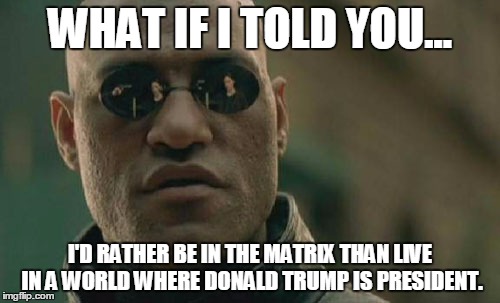 Matrix Morpheus | WHAT IF I TOLD YOU... I'D RATHER BE IN THE MATRIX THAN LIVE IN A WORLD WHERE DONALD TRUMP IS PRESIDENT. | image tagged in memes,matrix morpheus | made w/ Imgflip meme maker