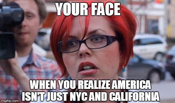 Angry Feminist | YOUR FACE; WHEN YOU REALIZE AMERICA ISN'T JUST NYC AND CALIFORNIA | image tagged in angry feminist | made w/ Imgflip meme maker