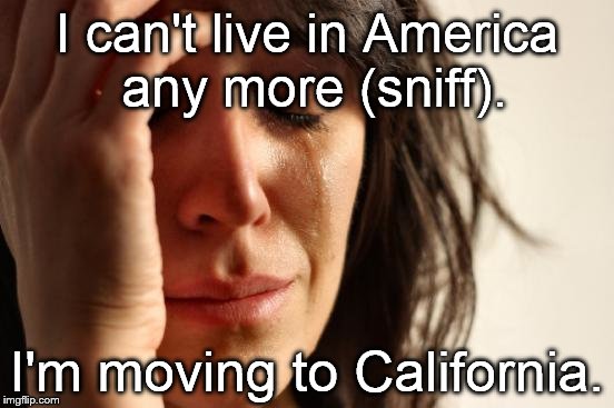 In the past six decades the GOP has had control of the state 2 years. Progressives should feel safe. Rich ones live in Malibu! | I can't live in America any more (sniff). I'm moving to California. | image tagged in first world problems,heaven on earth really,political asylum,golden state | made w/ Imgflip meme maker