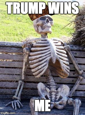 Waiting Skeleton Meme |  TRUMP WINS; ME | image tagged in memes,waiting skeleton,scumbag | made w/ Imgflip meme maker