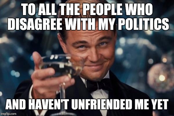 Leonardo Dicaprio Cheers | TO ALL THE PEOPLE WHO DISAGREE WITH MY POLITICS; AND HAVEN'T UNFRIENDED ME YET | image tagged in memes,leonardo dicaprio cheers | made w/ Imgflip meme maker