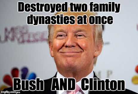 Donald trump approves | Destroyed two family dynasties at once; Bush   AND  Clinton | image tagged in donald trump approves | made w/ Imgflip meme maker
