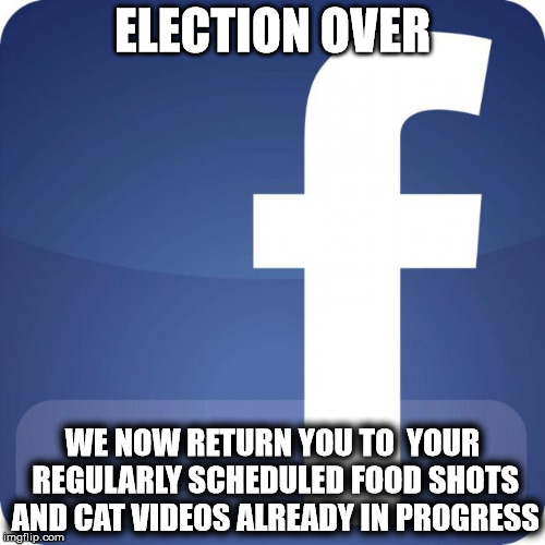 It's been strangely and pleasantly quiet tonight... | ELECTION OVER; WE NOW RETURN YOU TO  YOUR REGULARLY SCHEDULED FOOD SHOTS AND CAT VIDEOS ALREADY IN PROGRESS | image tagged in facebook | made w/ Imgflip meme maker