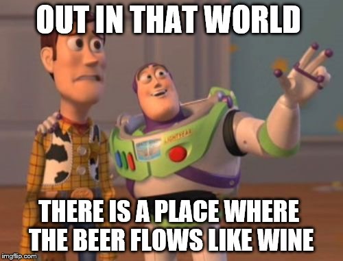 X, X Everywhere | OUT IN THAT WORLD; THERE IS A PLACE WHERE THE BEER FLOWS LIKE WINE | image tagged in memes,x x everywhere | made w/ Imgflip meme maker