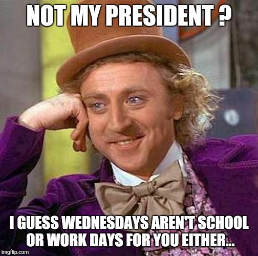Creepy Condescending Wonka Meme | NOT MY PRESIDENT ? I GUESS WEDNESDAYS AREN'T SCHOOL OR WORK DAYS FOR YOU EITHER... | image tagged in memes,creepy condescending wonka | made w/ Imgflip meme maker