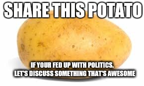 Trump Potato | SHARE THIS POTATO; IF YOUR FED UP WITH POLITICS.
   LET'S DISCUSS SOMETHING THAT'S AWESOME | image tagged in trump 2016,2016 us election,politics,potato,awesome | made w/ Imgflip meme maker