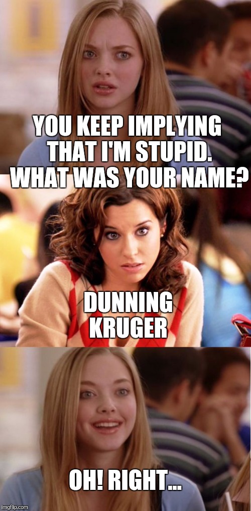 Blonde Pun | YOU KEEP IMPLYING THAT I'M STUPID. WHAT WAS YOUR NAME? DUNNING KRUGER; OH! RIGHT... | image tagged in blonde pun | made w/ Imgflip meme maker
