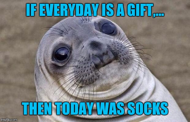 Saw this today, made me laugh, thought I'd share | IF EVERYDAY IS A GIFT,... THEN TODAY WAS SOCKS | image tagged in memes,awkward moment sealion,sewmyeyesshut,funny memes | made w/ Imgflip meme maker