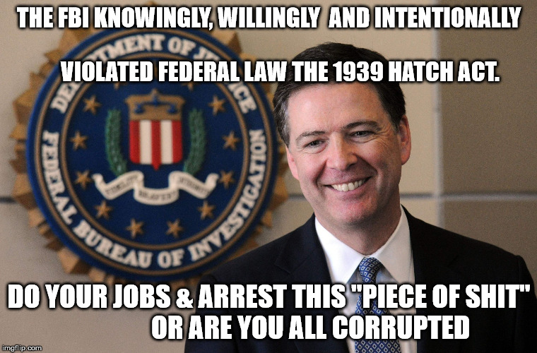 FBI | THE FBI KNOWINGLY, WILLINGLY  AND INTENTIONALLY                               VIOLATED FEDERAL LAW THE 1939 HATCH ACT. DO YOUR JOBS & ARREST THIS "PIECE OF SHIT"                OR ARE YOU ALL CORRUPTED | image tagged in fbi | made w/ Imgflip meme maker