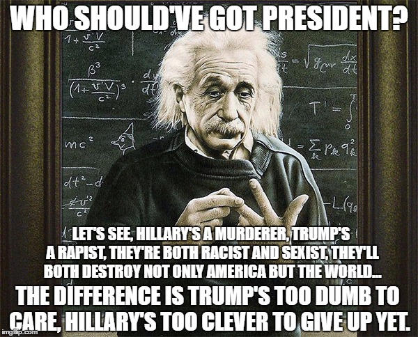 All the canidates suck. | WHO SHOULD'VE GOT PRESIDENT? LET'S SEE, HILLARY'S A MURDERER, TRUMP'S A RAPIST, THEY'RE BOTH RACIST AND SEXIST, THEY'LL BOTH DESTROY NOT ONLY AMERICA BUT THE WORLD... THE DIFFERENCE IS TRUMP'S TOO DUMB TO CARE, HILLARY'S TOO CLEVER TO GIVE UP YET. | image tagged in memes,albert einstein,election 2016,donald trump,hillary clinton | made w/ Imgflip meme maker