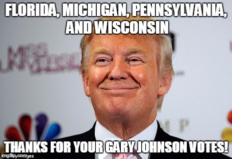 Donald trump approves | FLORIDA, MICHIGAN, PENNSYLVANIA, AND WISCONSIN; THANKS FOR YOUR GARY JOHNSON VOTES! | image tagged in donald trump approves | made w/ Imgflip meme maker
