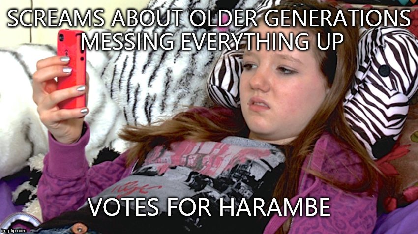 Seriously.Fuck this generation for thinking everything they say and do is so amazing and funny and cute. This is what you get. | SCREAMS ABOUT OLDER GENERATIONS MESSING EVERYTHING UP; VOTES FOR HARAMBE | image tagged in lazy millennials | made w/ Imgflip meme maker