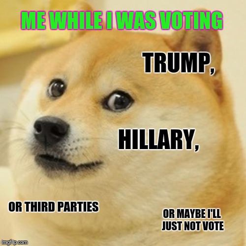 Doge Meme | ME WHILE I WAS VOTING; TRUMP, HILLARY, OR THIRD PARTIES; OR MAYBE I'LL JUST NOT VOTE | image tagged in memes,doge | made w/ Imgflip meme maker