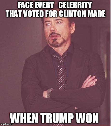 hiding  behind a wall of  celebrity did not help crooked hillary  lol | FACE EVERY   CELEBRITY  THAT VOTED FOR CLINTON MADE; WHEN TRUMP WON | image tagged in memes,face you make robert downey jr | made w/ Imgflip meme maker