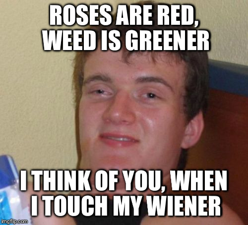 10 Guy Meme | ROSES ARE RED, WEED IS GREENER; I THINK OF YOU, WHEN I TOUCH MY WIENER | image tagged in memes,10 guy | made w/ Imgflip meme maker