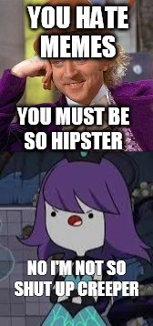 YOU HATE MEMES; YOU MUST BE SO HIPSTER; NO I'M NOT SO SHUT UP CREEPER | image tagged in meme | made w/ Imgflip meme maker