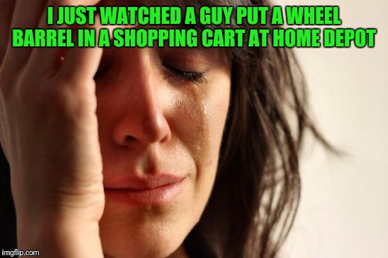 First World Problems Meme | I JUST WATCHED A GUY PUT A WHEEL BARREL IN A SHOPPING CART AT HOME DEPOT | image tagged in memes,first world problems | made w/ Imgflip meme maker
