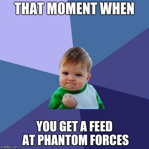 Success Kid Meme | THAT MOMENT WHEN; YOU GET A FEED AT PHANTOM FORCES | image tagged in memes,success kid | made w/ Imgflip meme maker